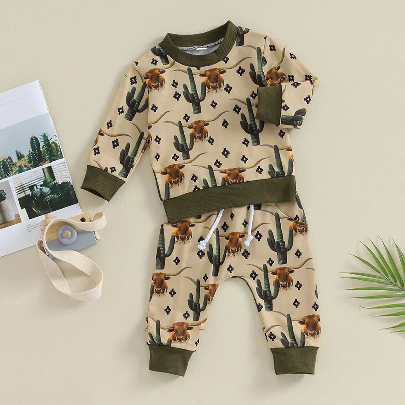 

Toddler Baby Boy Girl Western Clothes Set Highland Cow Print Long Sleeve Pullover Top Elastic Waist Pants Outfit