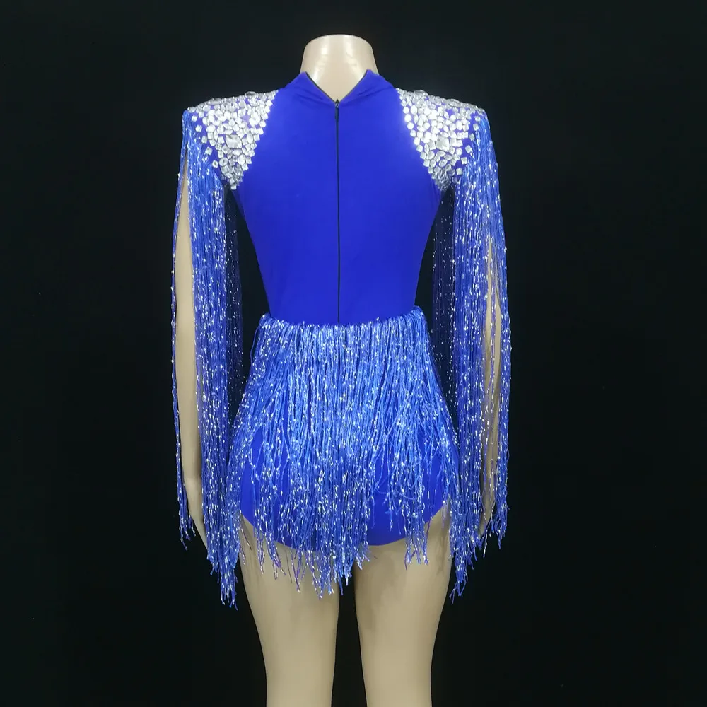 Blue Fringe Shiny Rhinestones Bodysuit Tassel Belt Women Singer Performance Dance Outfits Birthday Celebrate Stage Costume