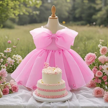 Baby girl pink sweet dress with big bow design young girl dress fashionable and textured girl's clothing suitable for parties