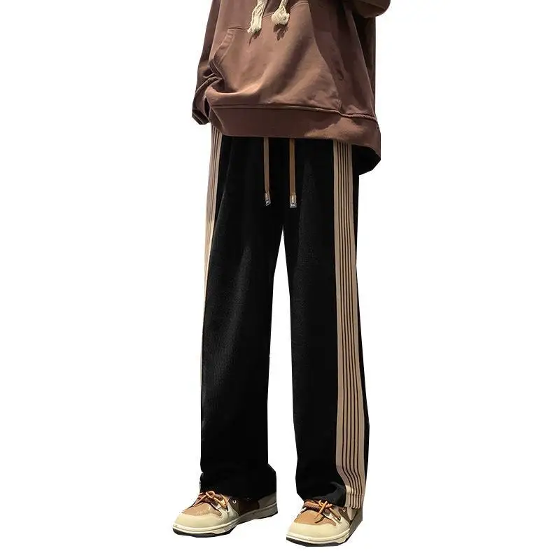 Street Fashion Trendautumn New Solid Side Stripe Straight Casual Pants Men's Pockets Drawstring Loose Versatile Sports Trousers