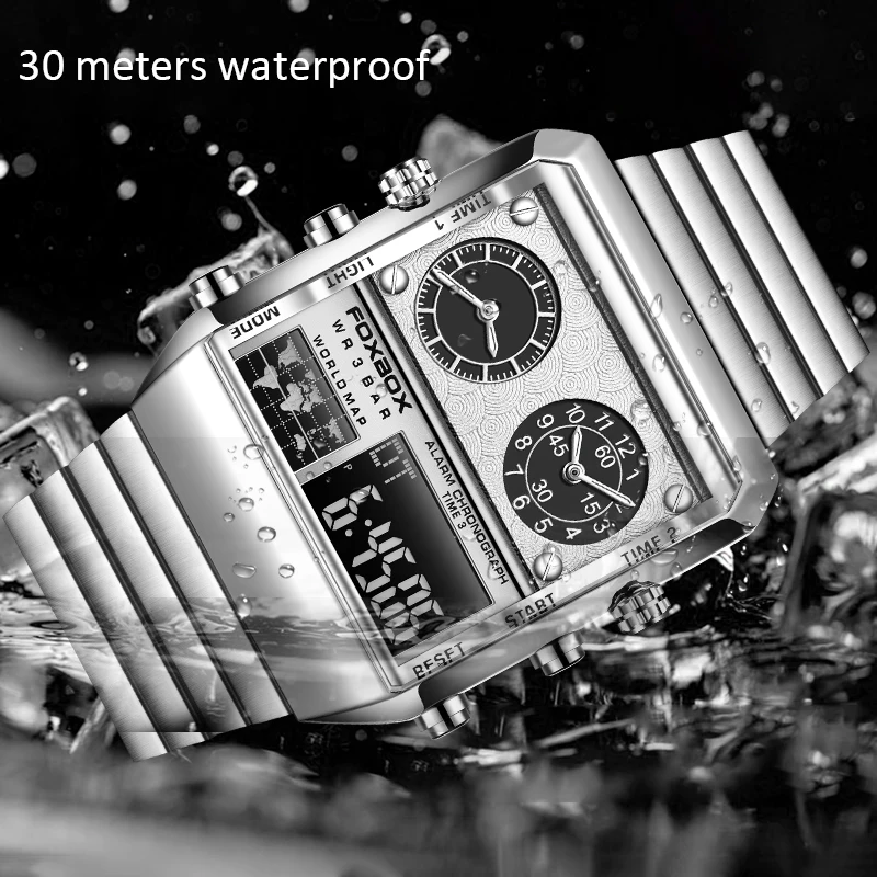 FOXBOX New Luxury Square Stainless Steel Waterproof Watch Men Fashion Men's Digital Watches Military Clock LED Sport Wristwatch