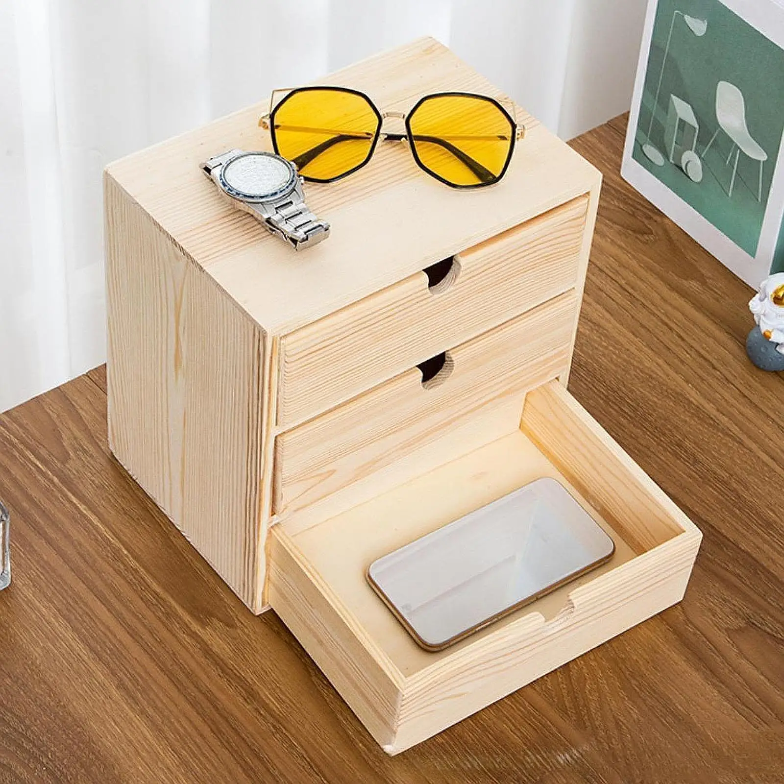 Wooden Jewelry Box for Women Office Desk Accessories with 3 Drawers Wooden Desk Organizer Desktop Wooden Drawer for Office Home