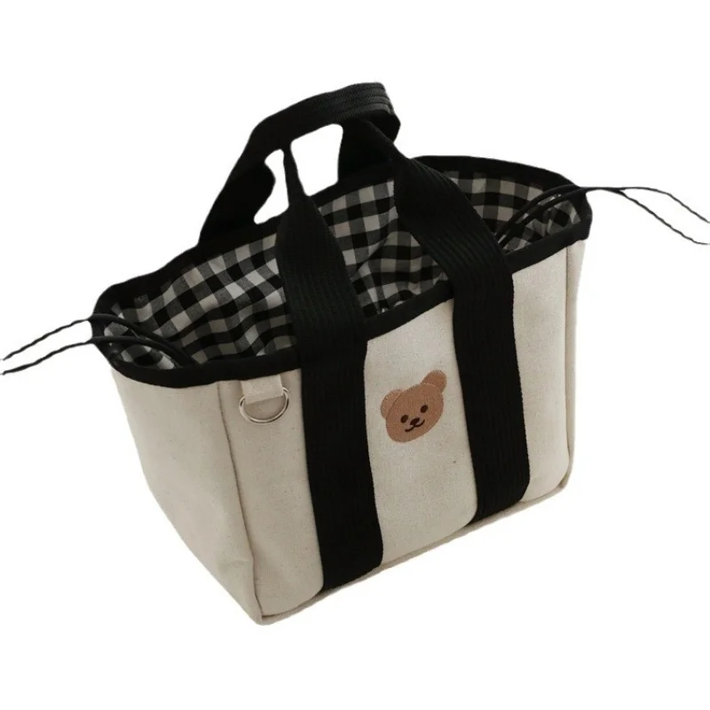 2024 New Trend Multi functional Drawstring Handbag Embroidered Bear Lightweight Canvas Bag Small Cute Bags for Women