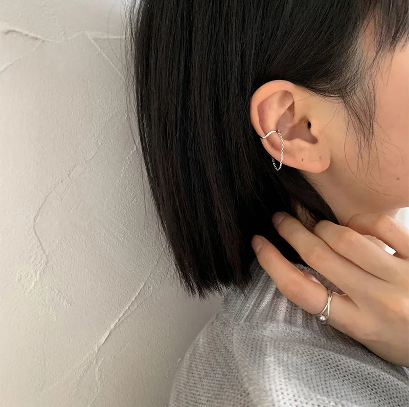 1Pcs Silver Color Fake Pierced Tassel Chain Ear Clip Without Hole Earrings For Women Geometry Irregular Ear Cuff Trend Jewelry ear clip earrings clip earrings ear clip