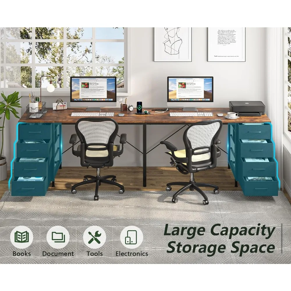 110" 2 Person Desk with 8 Drawers, Large Writing Home Office Desks with Outlets, I Shaped Workstation Double Desk Drawer Organi 4