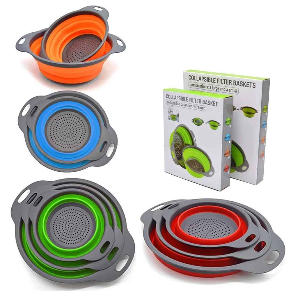 2pc Silicone Foldable Vegetable Basket Kitchen Drain Basket Plastic Vegetable Wash Basin Round Creative Vegetables