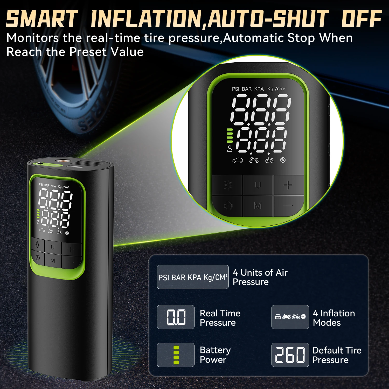 Portable Air Pump 150PSI 8000mAh Power Bank Cordless Tire Inflator LED Light Fast Inflation Car Air Compressor