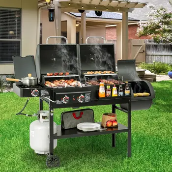 Gas/Charcoal Grill Combo with Offset Smoker 8