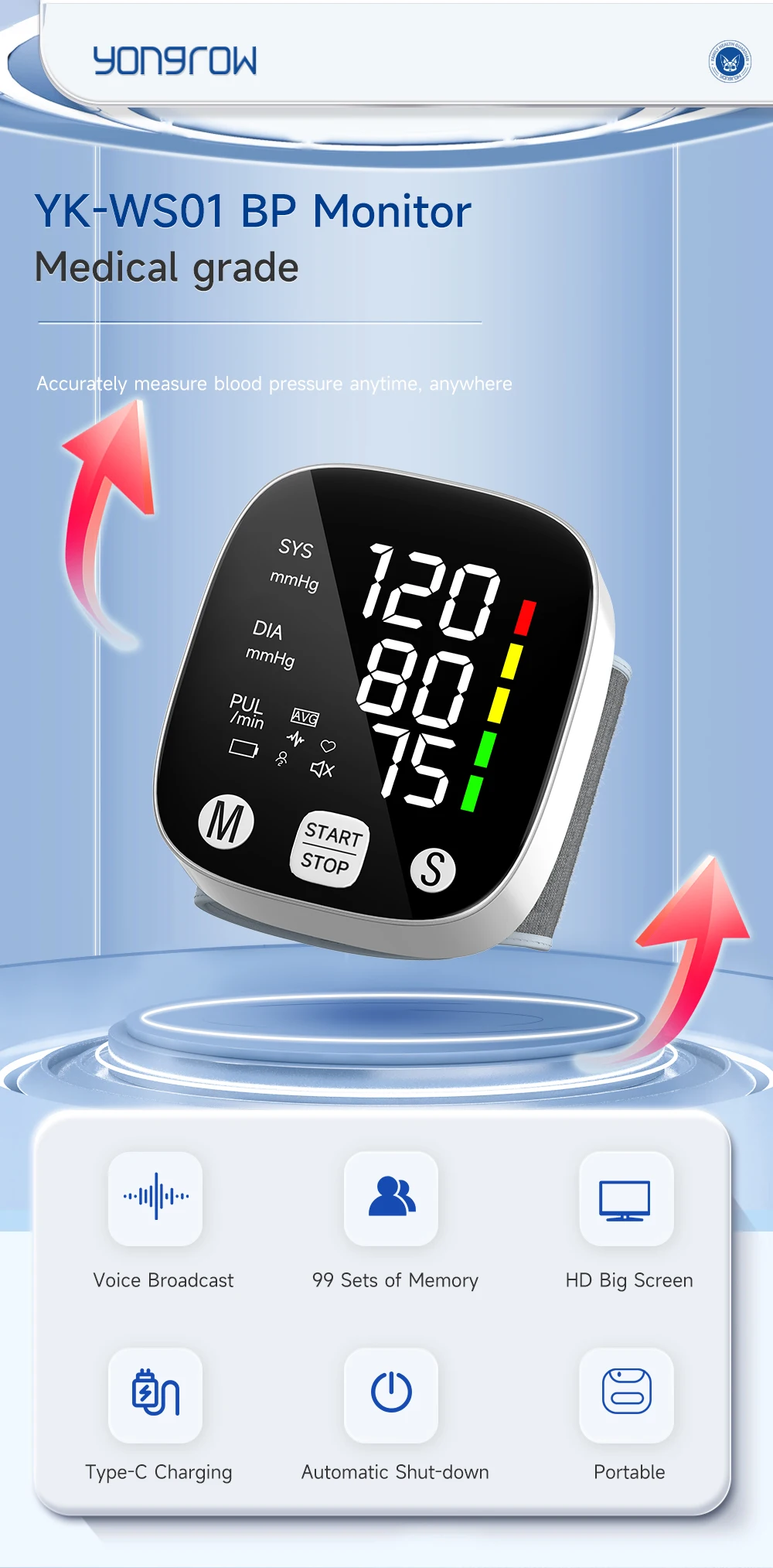 Yongrow New LED Wrist Blood Pressure Monitor Rechargeable English/Russian  Voice Broadcast Sphygmomanometer Tonometer BP Monitor - Amara Health Care  Plus