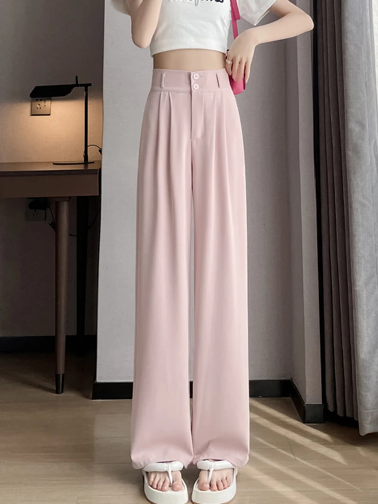 Baggy Pants Women 2023 Summer New High Waisted Double Button Pleated Solid  Pant Office Ladies Full Length Wide Leg Suit Trousers - AliExpress