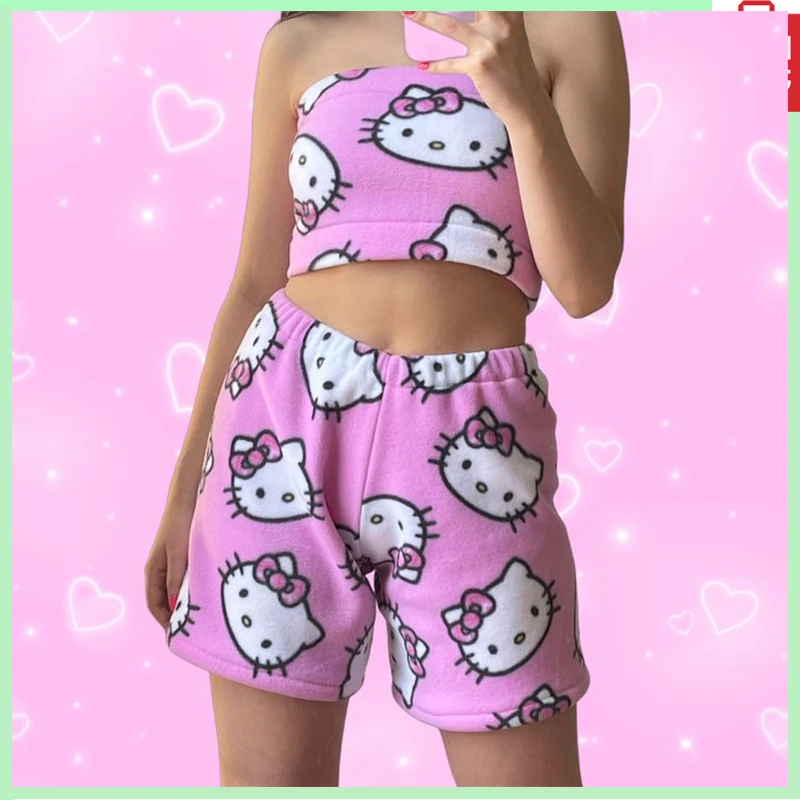 

Miniso Sanrio Hello Kitty Y2K Sports Shorts Soft Glutinous Flannel Women's Summer Elastic Waist High Waist Wide Leg Pants Gift