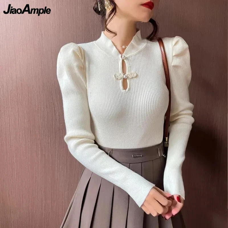 

Women Chinese Style Garceful Sweater Jumpers 2023 Autumn Winter Pure Color Half High Collar Knit Pullover New Bottoming Tops