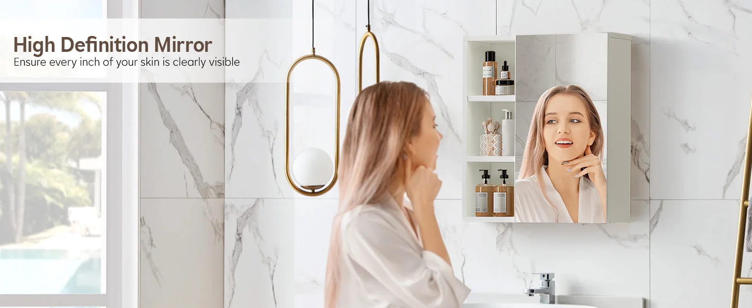 Badezimmer-Spiegelschrank, Wandmontierter Aufbewahrungsschrank mit Verstellbarem Regal, Modernes Holz-Aufbewahrungseinheit mit Spiegel – Detail 1