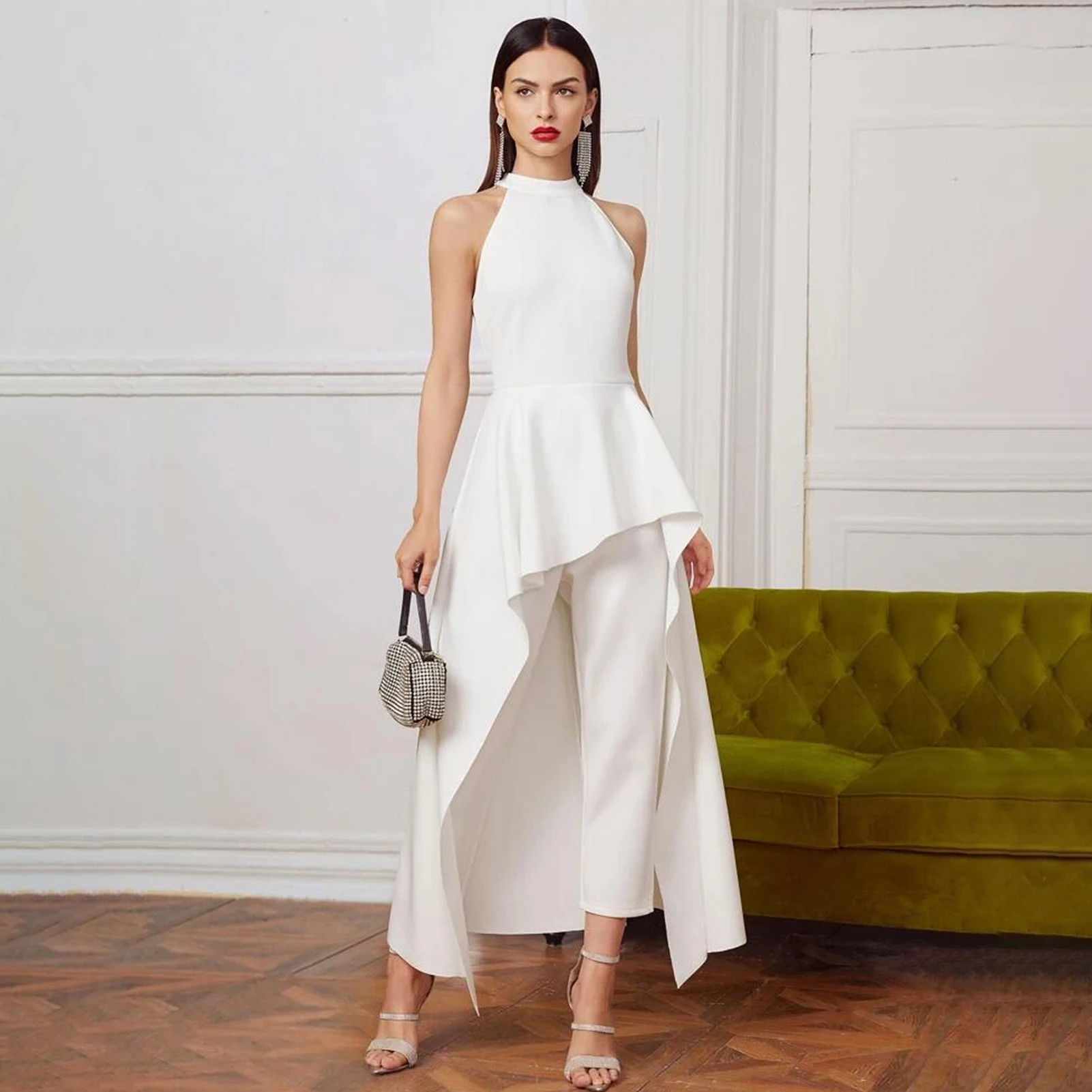 

Elegant Halter Sleeveless Wedding Dress For Bride Simple Jumpsuit High/Low Suits Bridal Gown Off Shoulder Vestido De Novia