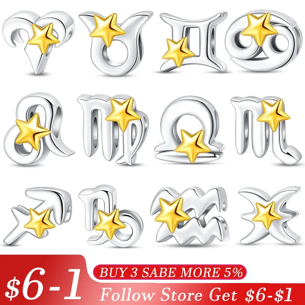 

925 Sterling Silver Zodiac Symbol Alphabet Beads for Pandora Pendant Silver Original Bracelet for Jewelry Making Gifts