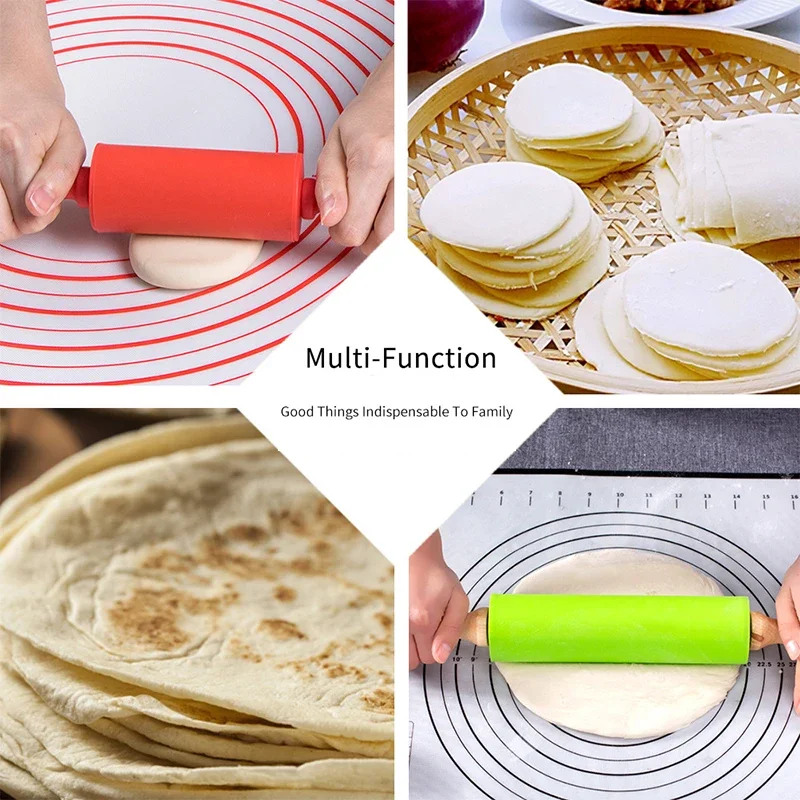 Rolling Pin Non-Stick Silicone Wooden Handle Pastry Dough Flour Roller Kitchen Cooking Baking Tool For Pasta Cookie Dough