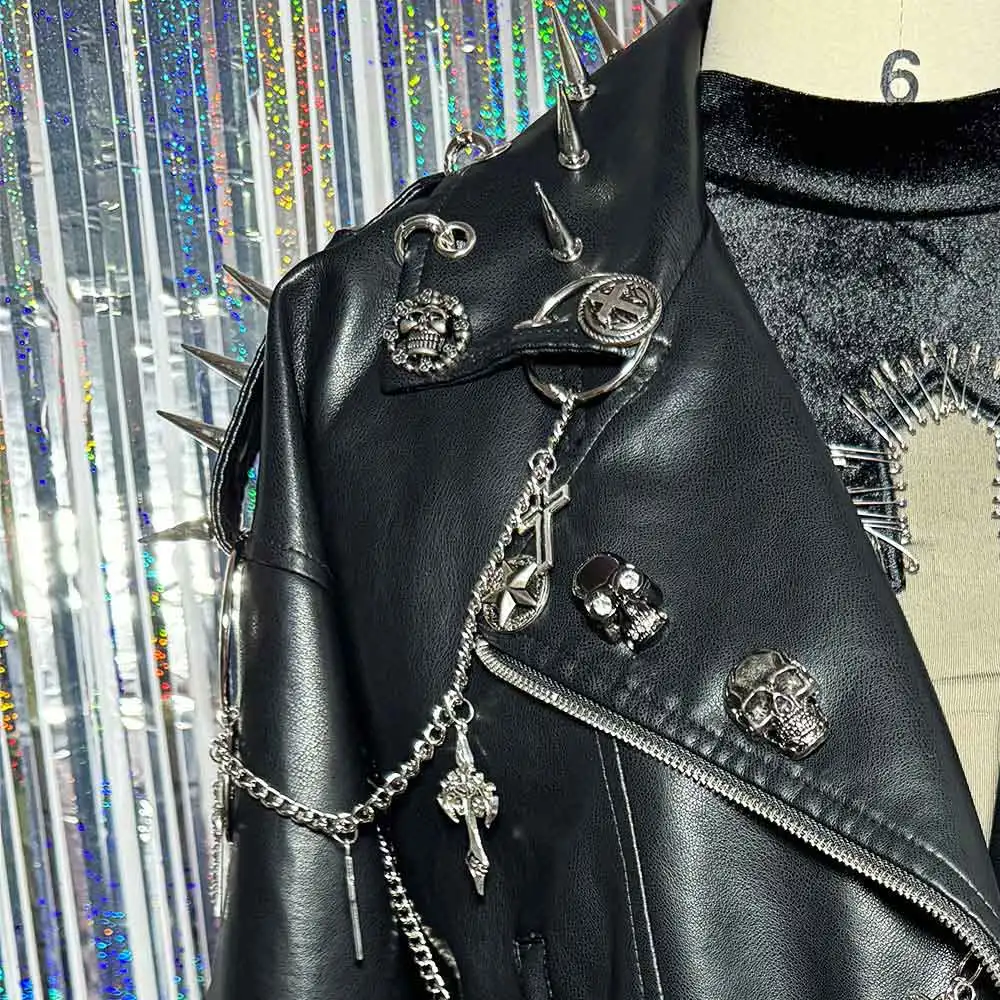 90s Gothic Y2K Vegan Leather Skull Studded Jacket Coat E-Girls DIY