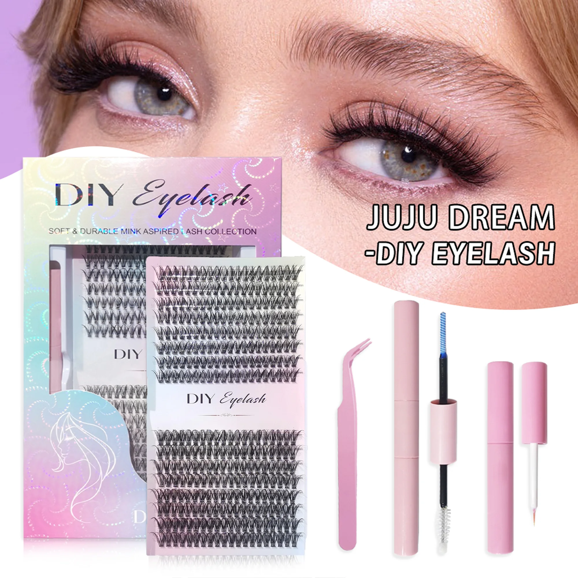 4-Piece Diy Eyelash Extension Kit Thick,Fluffy,Curled Single Eyelashes 320 Pieces With Eyelash Glue,Remover And Applicator Set