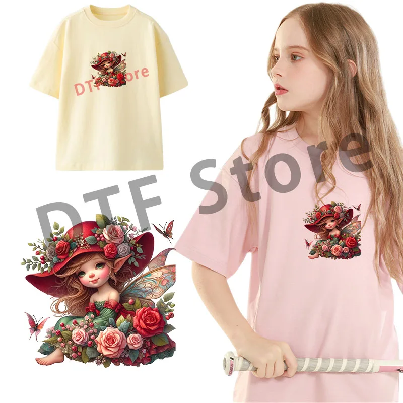 나비 꽃 소녀 엘프 dtf 다리미 패치, 열 전달, 아동복 패치, 압박 준비