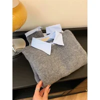 وهمية اثنين من القمصان طوق سترة المرأة الخريف الزي جديد كسول Linterior المتناقضة اللون رمادي متماسكة سترة مع الوجه طوق 2