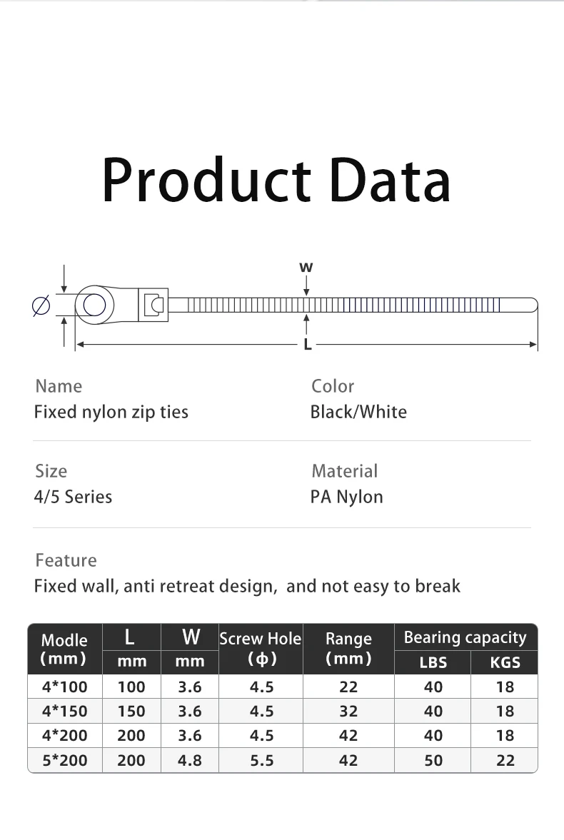 Description Picture 6 of item100Pcs Screw Hole Cable Ties Nylon Self-Locking Loop 4x150/200MM Wrap Bundle Mount Organizer Fastening Straps Fasten Zip Plastic