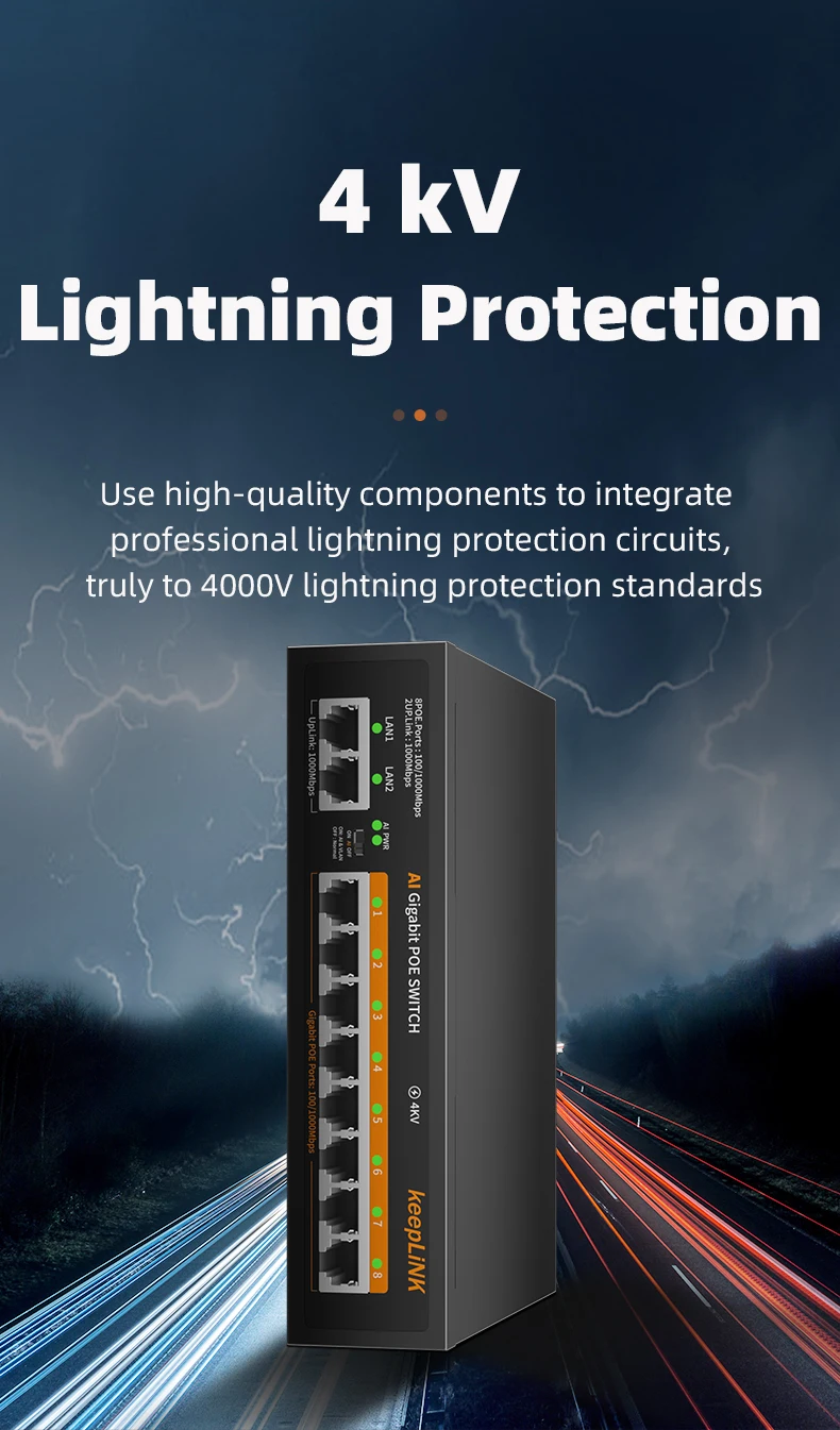 KeepLink-POE Switch Ethernet, 8 Portas, 1000 Mbps,