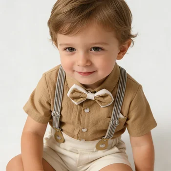 Completo Formale per Bambino con Camicia a Maniche Corte, Papillon e Pantaloncini a Bretelle a Righe per Matrimonio, Battesimo, Compleanno, Costume da Gentiluomo