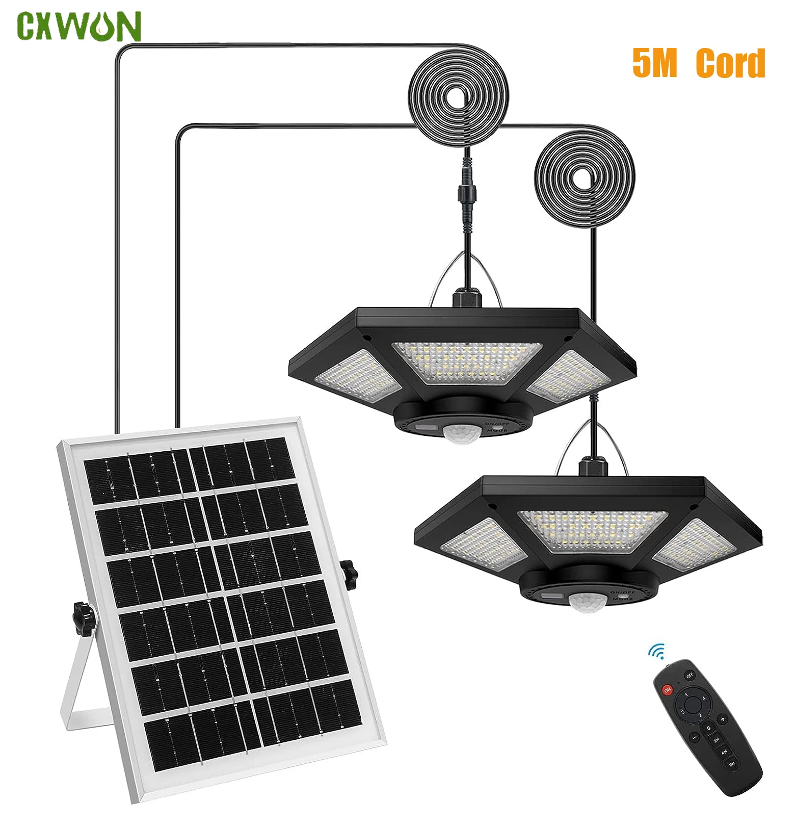 

Dual Head Solar Shed Lights with Motion Sensor Outdoor Indoor LED Pendant Light Remote Control for Barn Garage Garden Home Lamp