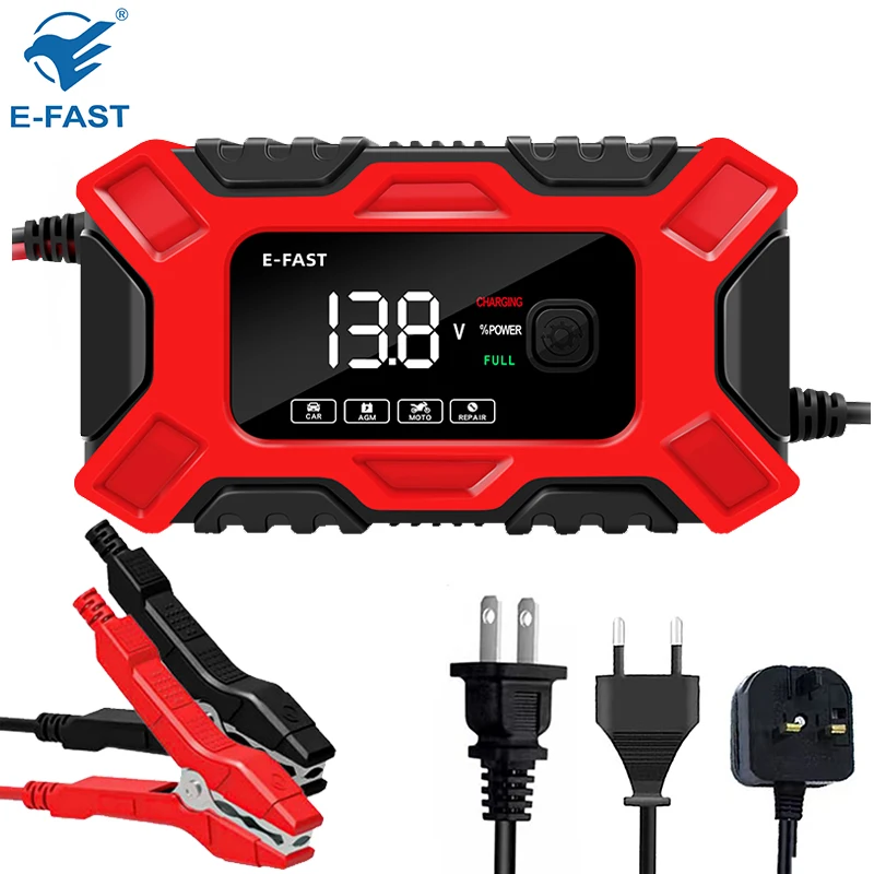 

E-FAST 12V 6A Intelligent Car Motorcycle Battery Charger Smart Digital LCD Display Lead Acid Battery Pulse Charger Maintainer