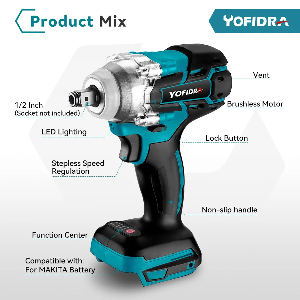 18V Brushless Electric Wrench 1/2 inch Rechargeable Cordless Impact Wrench Power Tools for Makita 18V Battery Without Battery 3