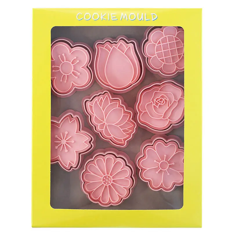 8pcs/set Flower Shape Cookie Cutters 3D Plastic Biscuit Mold Cookie Stamp DIY Fondant Cake Mould Kitchen Baking Pastry Bakeware