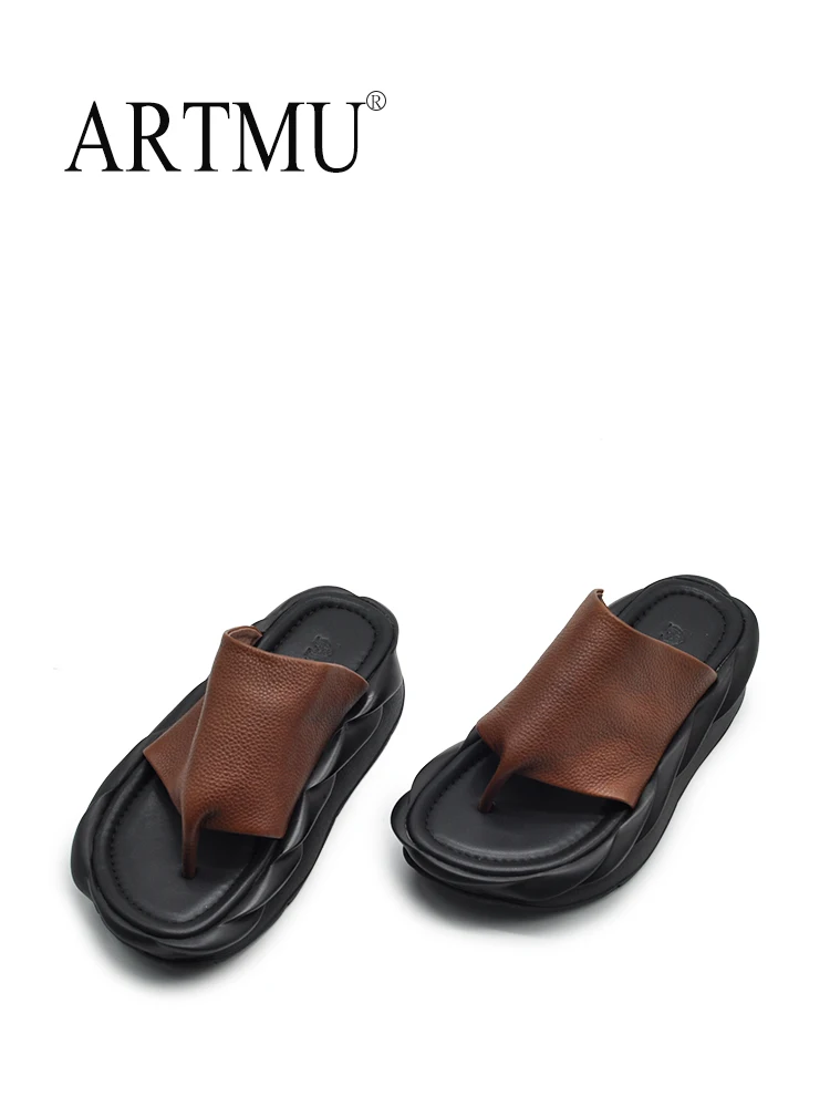 

Artmu Original Thick Sole Women Flip Flops Genuine Leather Slippers 2024 Summer Outside Wear Platform Toe-clip Handmade Slippers