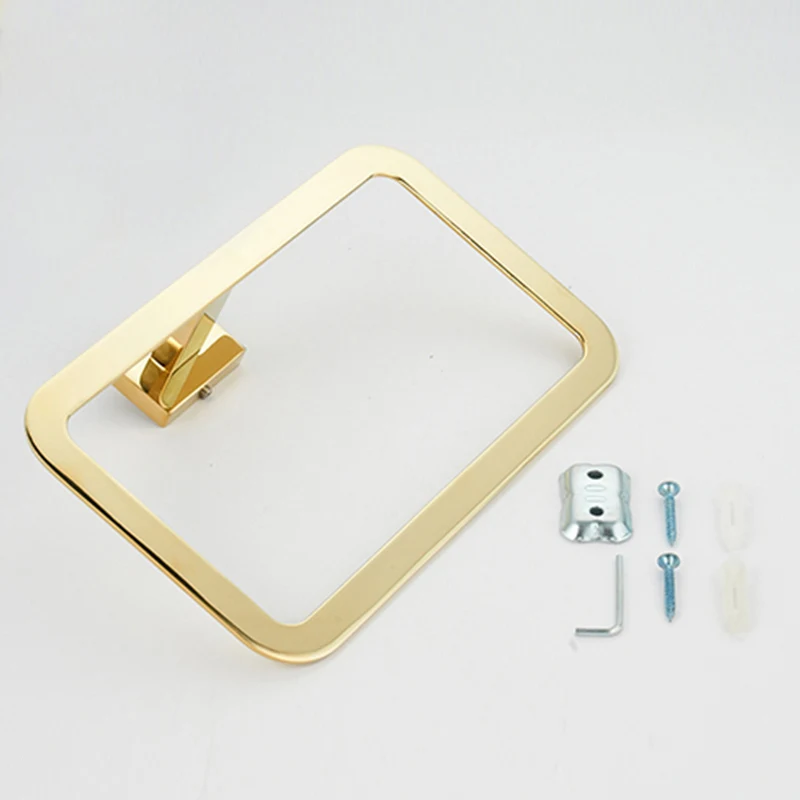 Square Towel Rings Luxury Gold Polished Stainless Steel Wall-Mounted Towel Hooks Rings for Bathroom
