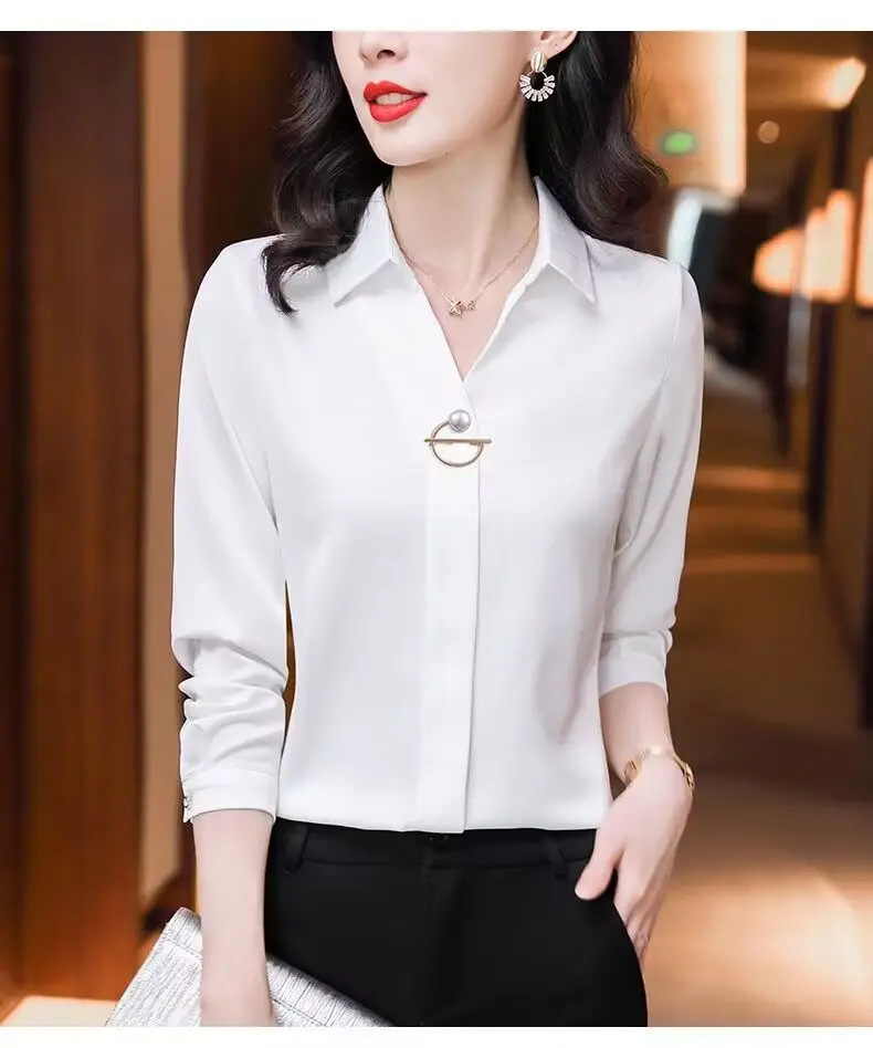 Basic Office Lady Solid Color Shirt Female Clothing Elegant Fashion V-Neck 2023 Spring Autumn Commuter Korean Long Sleeve Blouse