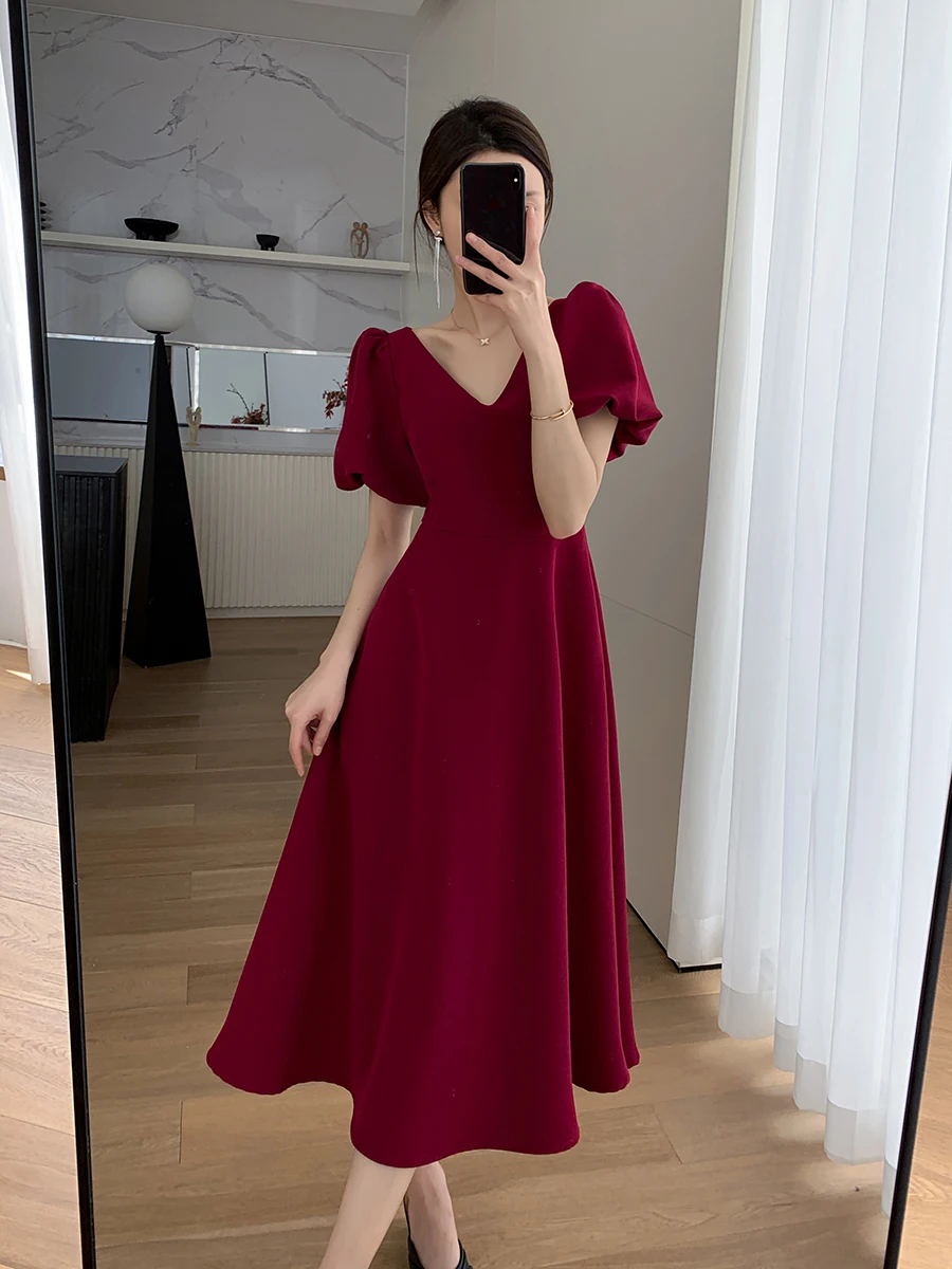 2023 Summer black dress for women casual dress plus size formal dress  elegant puff sleeve long dress Korean