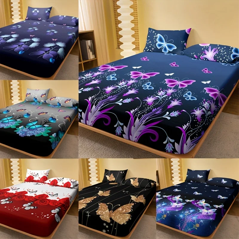 Brushed Fitted Sheet Soft Comfortable Butterfly Floral Print Bedding Fitted Sheet For Bedroom Guest Room With Deep Pocket 2