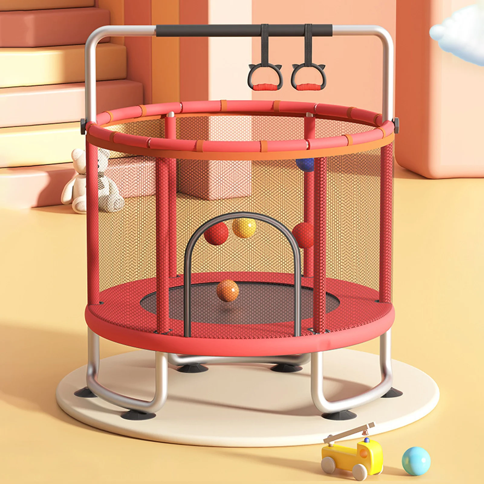 Kids Trampoline Adjustable Baby Toddler Trampoline with Basketball Hoop, Swing, Sandbag, Ocean Balls, Enclosure Net 3