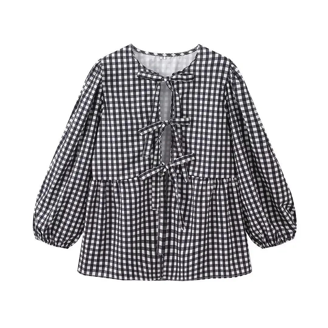 thumbnail image 1 of HH TRAF Blusas casuales de verano con cuello redondo y cordones para mujer, camisas holgadas de manga larga abullonada a la moda, blusas elegantes a rayas Y2K para mujer, 1 of 5