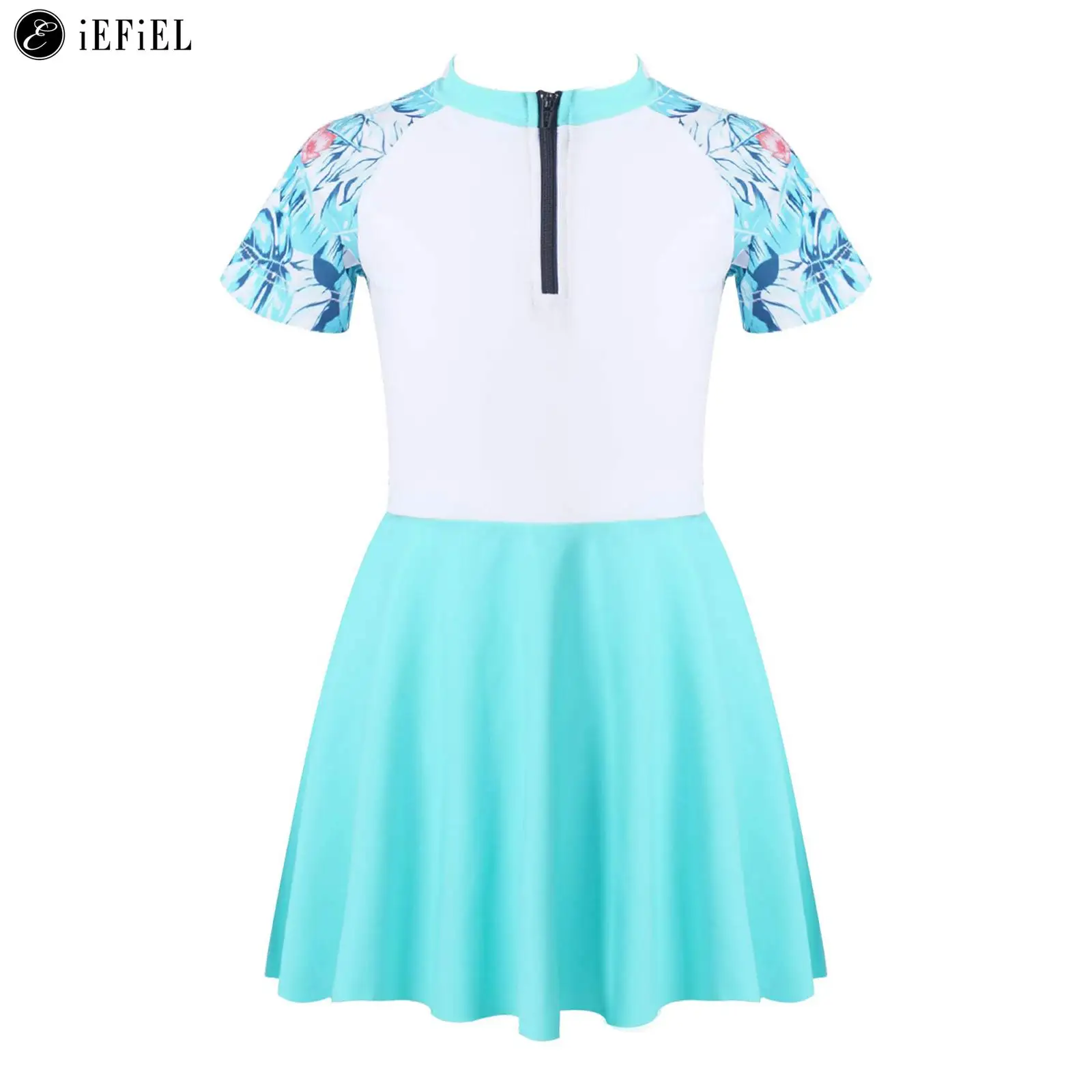 KidsGirlsOnePieceSwimsuitShortSleeveFrontZipperSwimDressUPF