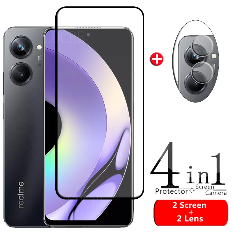 цена 4-in-1 For OPPO Realme 10 Pro Glass For Realme 10 Pro Phone Film Full Cover Glue Screen Protector For Realme 10 Pro Lens Glass