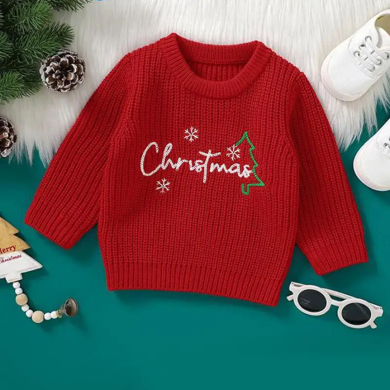 

Autumn Winter Newborn Christmas Clothes Boy Baby Fashion Embroidery Letter Knit Sweater Girl Kid Casual Knitted Pullover Shirt