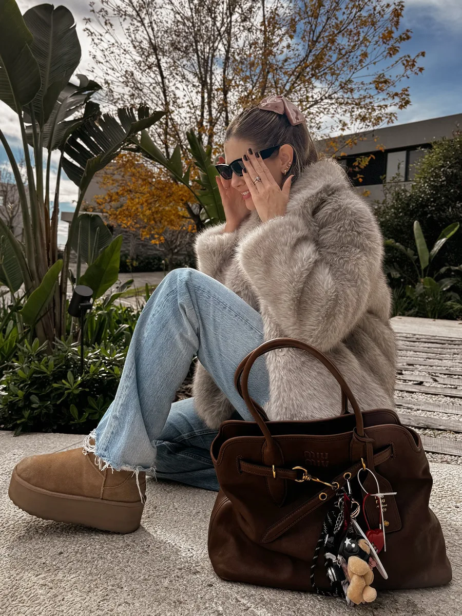 Bornladies New Autumn Winter Women Furry Open Front Coat Faux Fur Warm Stylish Outerwear Trendy Shearling Inspired Jacket