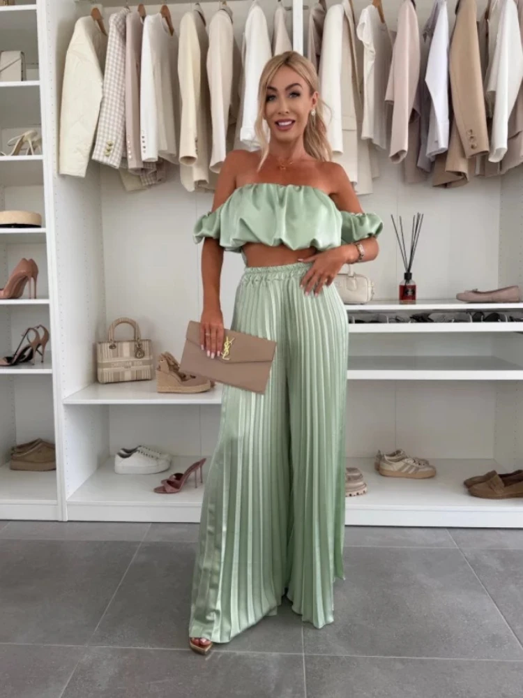 2025 summer fashion new women's elegant strapless suit casual solid color temperament foldable elastic pants 5