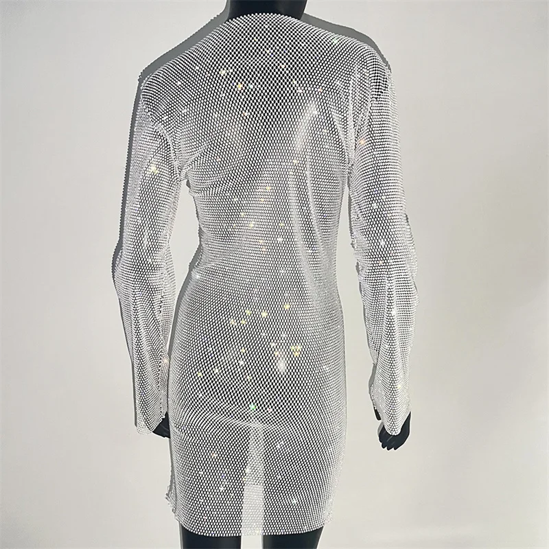 Strass hand gefertigte Mesh Kristall Kleid Trimmen Langarm Bodycon Mini aushöhlen O-Neck Party Pailletten Kleider für Frauen – Detail 14
