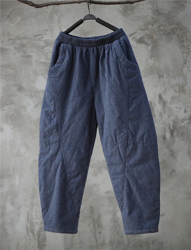 Vintage Jacquard Winter Plus Cotton Pants 2022 New Elastic Waist Solid Color Warm Trouser Patchwork Loose Pants MH709 capri jeans for women Pants & Capris