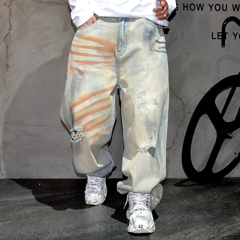 Mens Korean Style Ripped Distressed Loose Fit Jeans Hip Hop Streetwear Vintage Straight Leg Pants Dirty Wash Baggy Trousers Male
