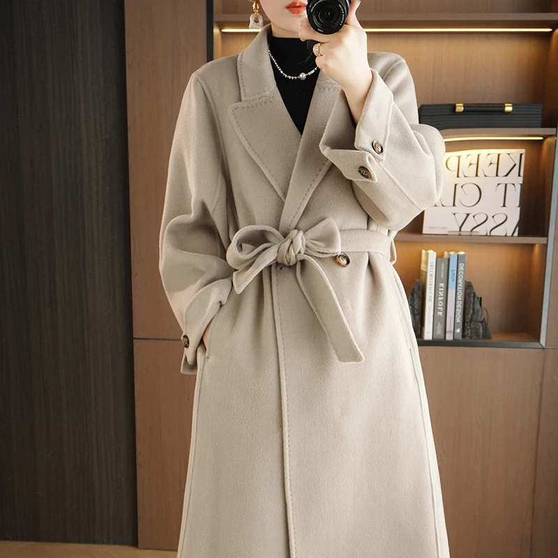 Autumn And Winter New Double Sided Woolen Coat Women's V-Neck Solid 100% Pure Wool Loose Long Belt Pocket Temperament Wool Coat