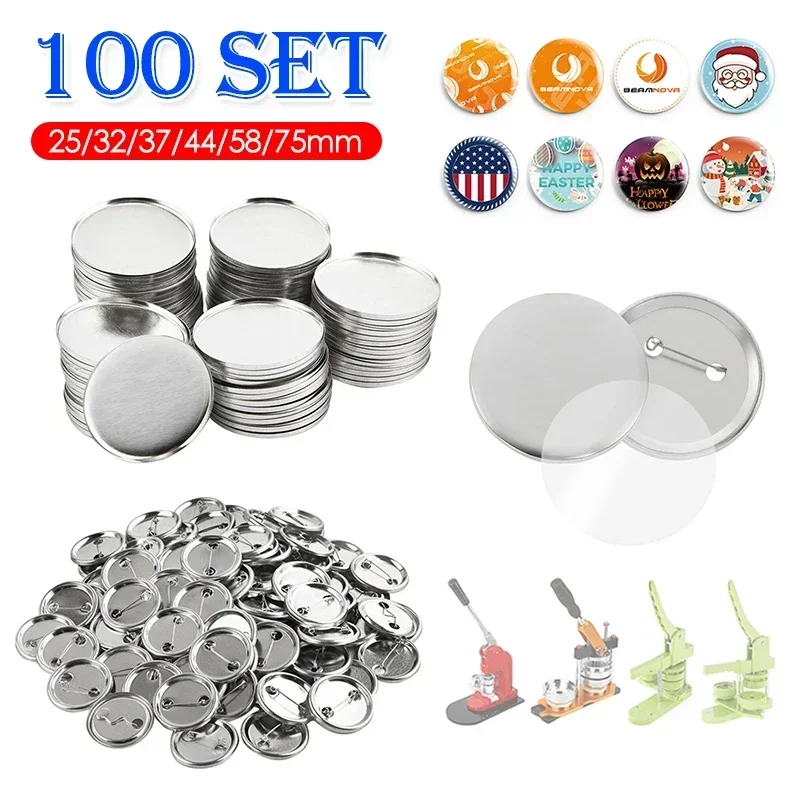 Metal Round Blank Badge Pin Button Maker Punch Press Machine DIY Making Parts Consumables 100Sets 25/32/37/44/58MM Badge Parts Button Making Supplies Badge Pin