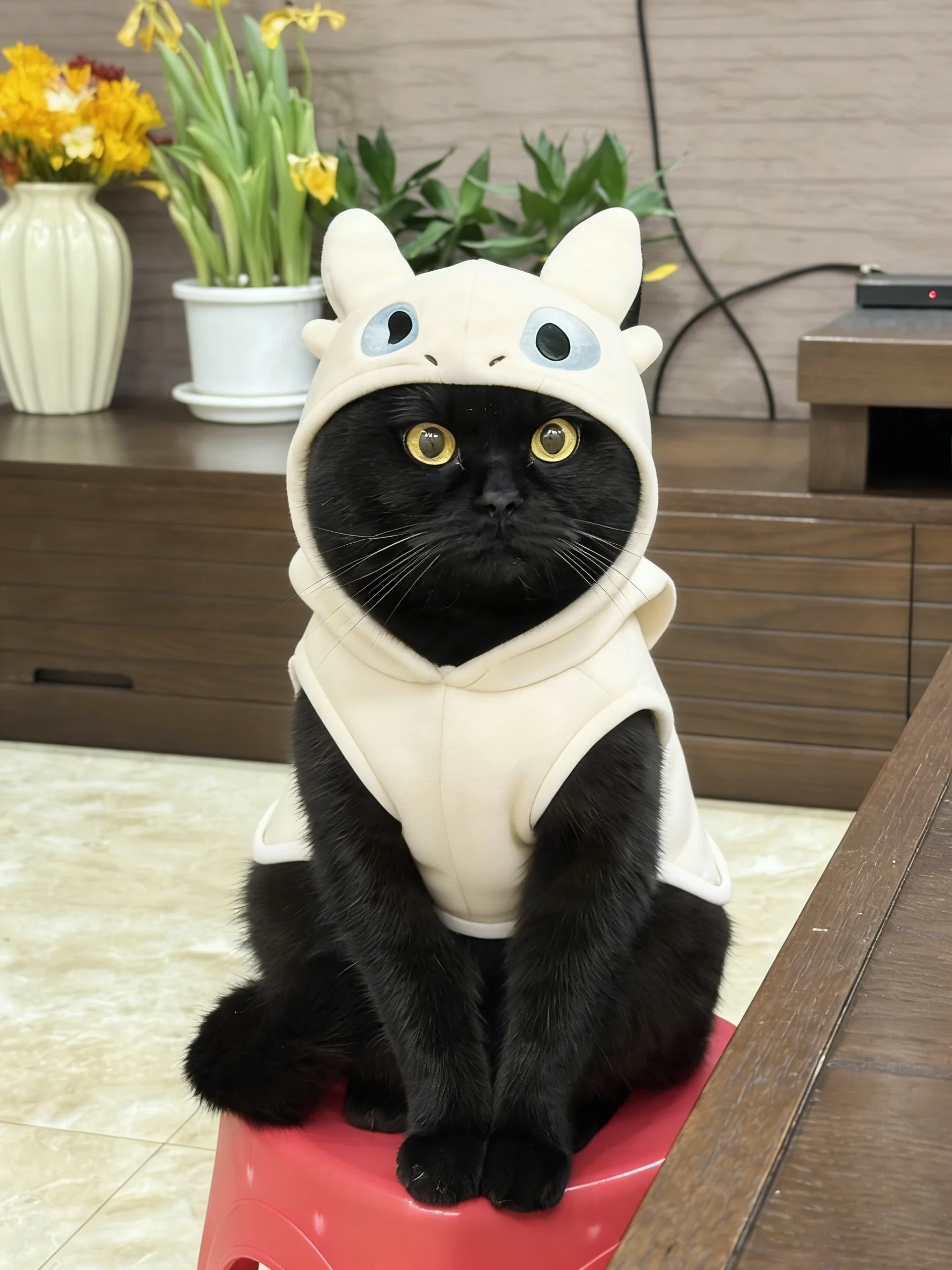 A black shorthair cat sitting on a red stool, wearing a cream-colored Pet Hoodie designed like a "Light Fury" dragon with blue eyes and small ears on the hood.