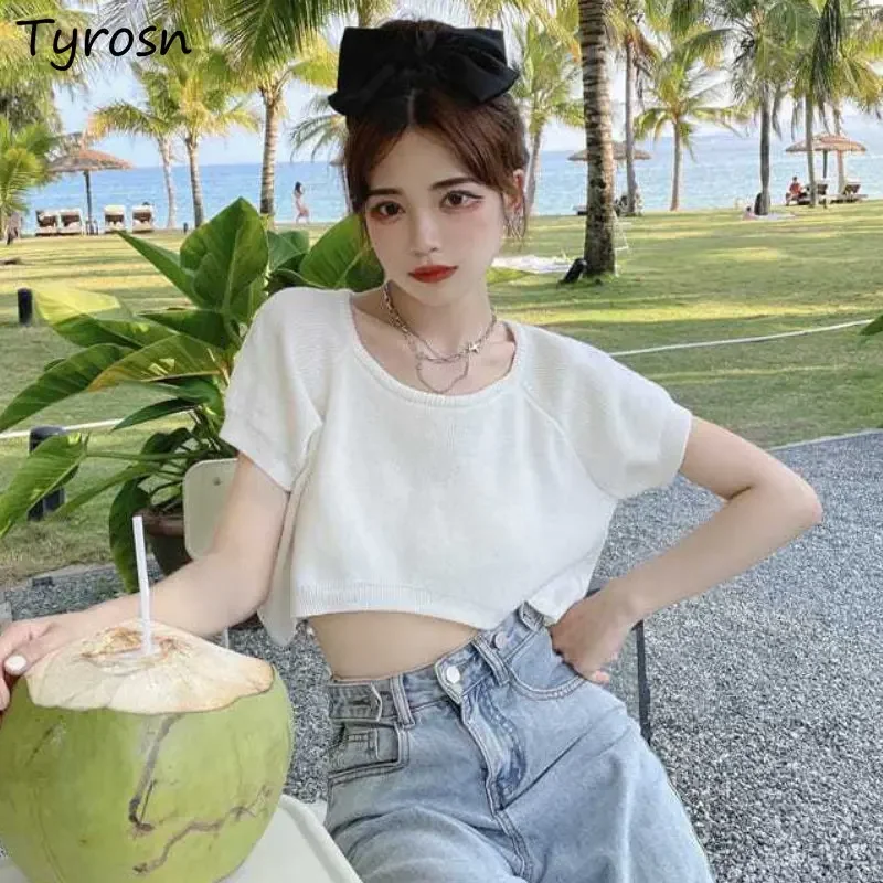 

T-shirts Women Crop Design Solid Simple All-match Summer Knitting Cozy Sweet Tender Leisure Fashion Korean Style Classic Tops